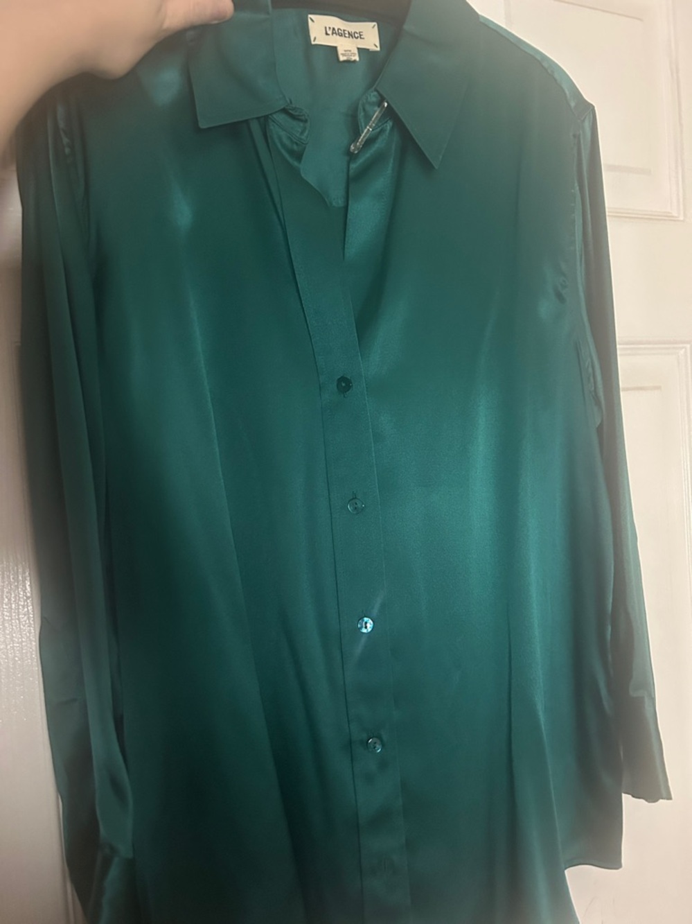 L'AGENCE Dani Silk  Teal Satin Button-Up Shirt M